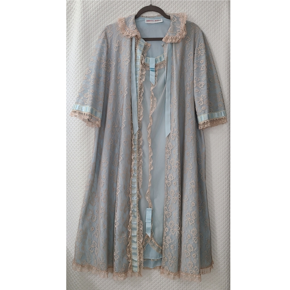 Odette Barsa 2 piece sheer nightgown & floral lace robe size M/L